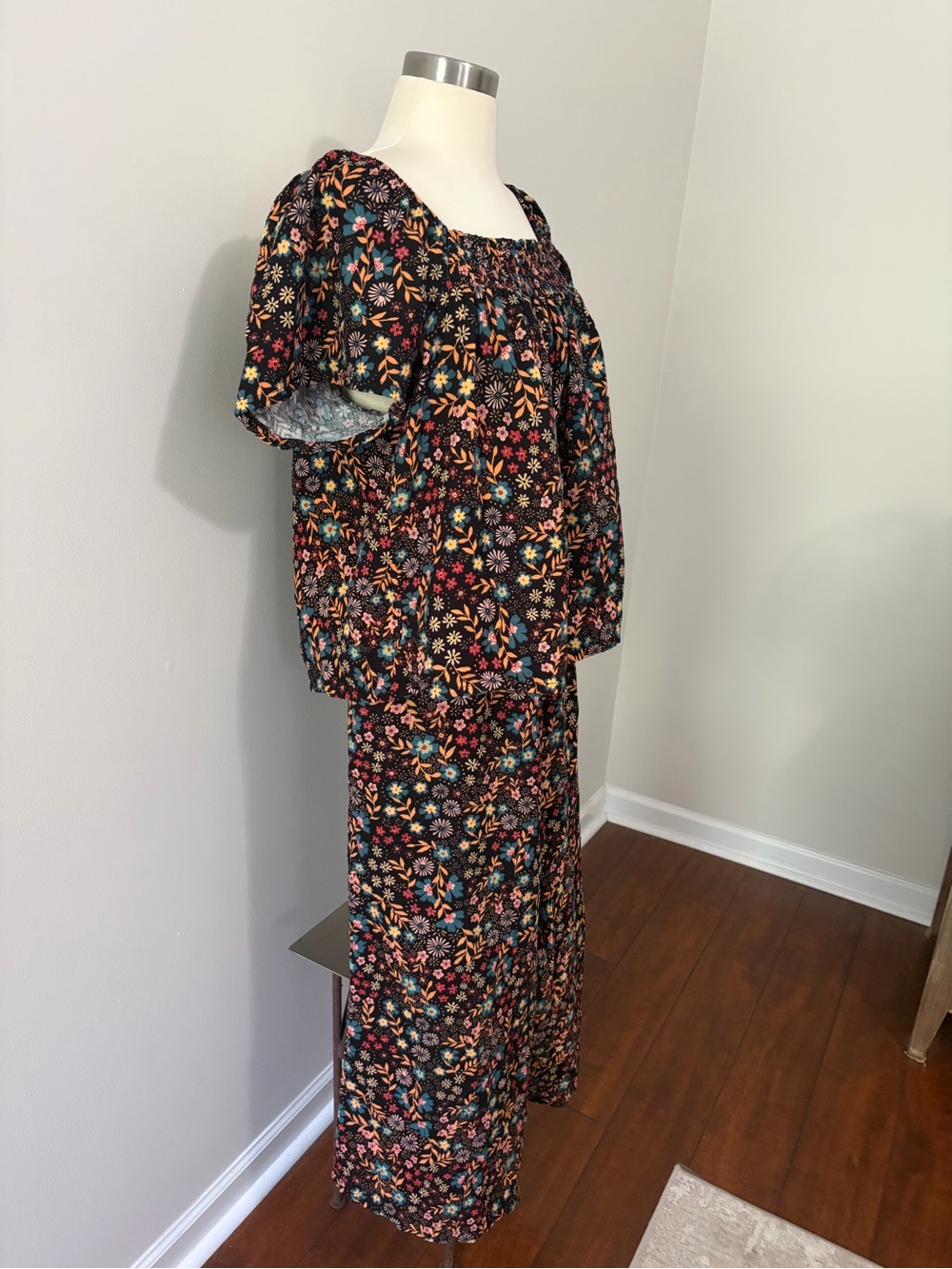 Joyspun Smocked Gauze Pajama Set Black Soot Fall Floral Wide Leg L Cottagecore - Picture 7 of 14